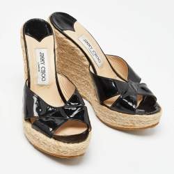 Pre Owned  Jimmy Choo Black Patent Leather Phyllis Espadrille Wedge Sandals Size 39