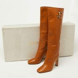 Pre Owned Jimmy Choo Brown Leather Mahesa 100 Embellished Knee Length Boots Size 36