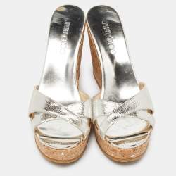 مملوكة مسبقًا Jimmy Choo Gold Textured Leather Prima Wedge Sandals Size 38