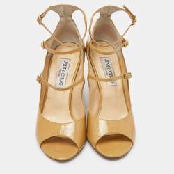 Jimmy Choo Beige Patent Leather Strappy Wedge Open Toe Pumps Size 38