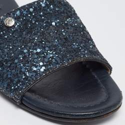 Jimmy Choo Navy Blue Glitter Nanda Flat Slides Size 37