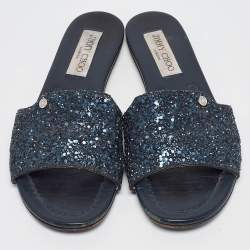 Jimmy Choo Navy Blue Glitter Nanda Flat Slides Size 37