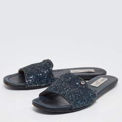 Jimmy Choo Navy Blue Glitter Nanda Flat Slides Size 37