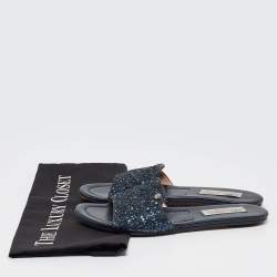 Jimmy Choo Navy Blue Glitter Nanda Flat Slides Size 37