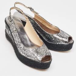 Pre Owned Jimmy Choo Silver Snake Embossed Leather Wedge Sandals Size 40