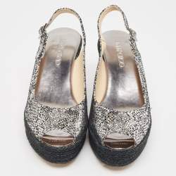 Pre Owned Jimmy Choo Silver Snake Embossed Leather Wedge Sandals Size 40