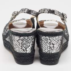 Pre Owned Jimmy Choo Silver Snake Embossed Leather Wedge Sandals Size 40