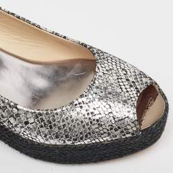 Pre Owned Jimmy Choo Silver Snake Embossed Leather Wedge Sandals Size 40