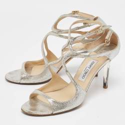Jimmy Choo Silver Leather Lang Ankle Strap  Sandals Size 41