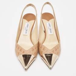Pre Owned Jimmy Choo Brown Logo Embossed Leather Liya Pointed Toe Slingback Pumps Size 41
