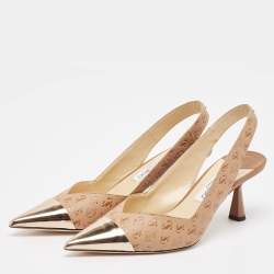 Pre Owned Jimmy Choo Brown Logo Embossed Leather Liya Pointed Toe Slingback Pumps Size 41