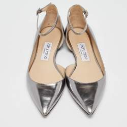 Jimmy Choo Metallic Grey Leather Lucy Ankle Strap Flats Size 37