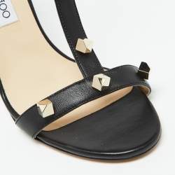Pre Owned Jimmy Choo Black Leather Lamba Cube Studded T-Strap Sandals Size 40