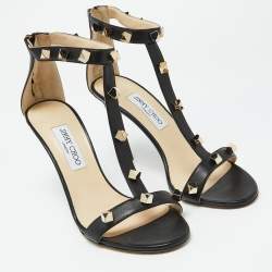 Pre Owned Jimmy Choo Black Leather Lamba Cube Studded T-Strap Sandals Size 40