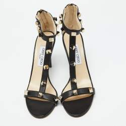 Pre Owned Jimmy Choo Black Leather Lamba Cube Studded T-Strap Sandals Size 40