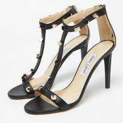 Pre Owned Jimmy Choo Black Leather Lamba Cube Studded T-Strap Sandals Size 40