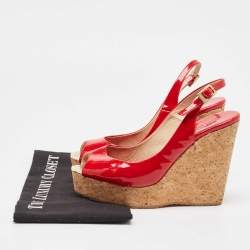 Pre Owned Jimmy Choo Red Patent Leather Prova Wedge Sandals Size 38