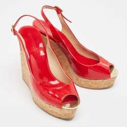 Pre Owned Jimmy Choo Red Patent Leather Prova Wedge Sandals Size 38