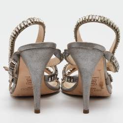 Jimmy Choo Metallic Grey Textured Suede Crystal Embellished Angel Sandals Size 39