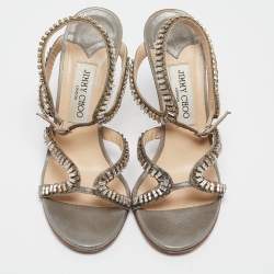 Jimmy Choo Metallic Grey Textured Suede Crystal Embellished Angel Sandals Size 39