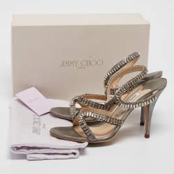 Jimmy Choo Metallic Grey Textured Suede Crystal Embellished Angel Sandals Size 39