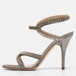 Jimmy Choo Metallic Grey Textured Suede Crystal Embellished Angel Sandals Size 39