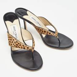 Jimmy Choo Black/Brown Calf Hair and Leather Slide Sandals Size 39.5