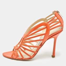 Pre Owned Jimmy Choo Orange Leather Strappy Open Toe Sandals Size 39
