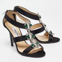 Pre Owned Jimmy Choo Black Satin Jeweled Strappy Sandals Size 39