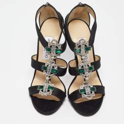 Pre Owned Jimmy Choo Black Satin Jeweled Strappy Sandals Size 39