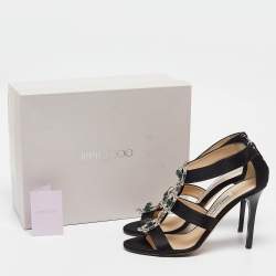 Pre Owned Jimmy Choo Black Satin Jeweled Strappy Sandals Size 39