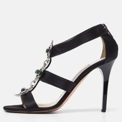 Pre Owned Jimmy Choo Black Satin Jeweled Strappy Sandals Size 39