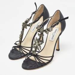 Pre Owned Jimmy Choo Black Nubuck Crystal Embellished T-Bar Ankle Strap Sandals Size 38.5