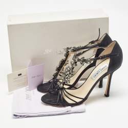 Pre Owned Jimmy Choo Black Nubuck Crystal Embellished T-Bar Ankle Strap Sandals Size 38.5