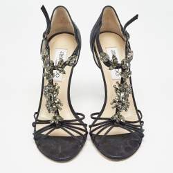 Pre Owned Jimmy Choo Black Nubuck Crystal Embellished T-Bar Ankle Strap Sandals Size 38.5