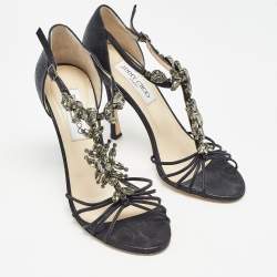 Pre Owned Jimmy Choo Black Nubuck Crystal Embellished T-Bar Ankle Strap Sandals Size 38.5