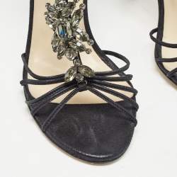 Pre Owned Jimmy Choo Black Nubuck Crystal Embellished T-Bar Ankle Strap Sandals Size 38.5