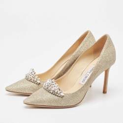 Pre Owned Jimmy Choo Gold Glitter Crystal Embellished Romy Pumps Size 37