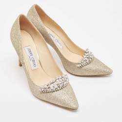 Pre Owned Jimmy Choo Gold Glitter Crystal Embellished Romy Pumps Size 37