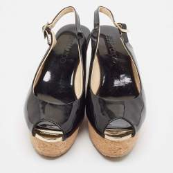 مملوكة مسبقًا Jimmy Choo Black Patent Leather Prova Wedge Sandals Size 38