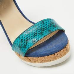 Jimmy Choo Blue Python and Leather Neston Platform Wedge Sandals Size 38