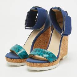 Jimmy Choo Blue Python and Leather Neston Platform Wedge Sandals Size 38