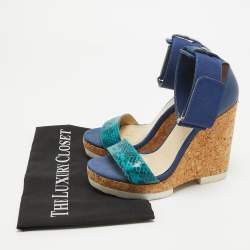 Jimmy Choo Blue Python and Leather Neston Platform Wedge Sandals Size 38