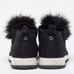 Pre Owned Jimmy Choo Black Knit Fabric and Fur Pom Pom Norway Slip On Sneakers Size 40