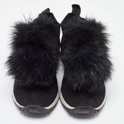 Pre Owned Jimmy Choo Black Knit Fabric and Fur Pom Pom Norway Slip On Sneakers Size 40