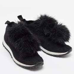Pre Owned Jimmy Choo Black Knit Fabric and Fur Pom Pom Norway Slip On Sneakers Size 40