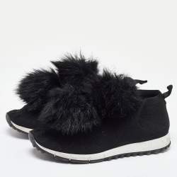 Pre Owned Jimmy Choo Black Knit Fabric and Fur Pom Pom Norway Slip On Sneakers Size 40
