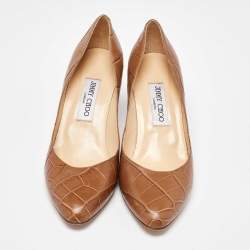 Pre Owned Jimmy Choo Brown Croc Embossed Leather Pumps Size 38.5