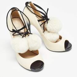 Jimmy Choo White/Black Fur and Leather Open Toe Pumps Size 38