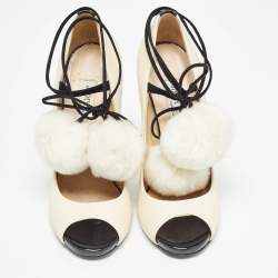 Jimmy Choo White/Black Fur and Leather Open Toe Pumps Size 38